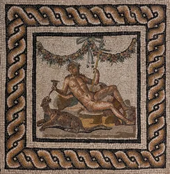 Ortaglia のローマのドムスの 1 つ、ディオニュソスの家: ディオニュソスとヒョウ (モザイク) を表すモザイク床の詳細