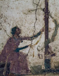 聖なる木に向かう女性、イタリア、カンパニア、ポンペイのフレスコ画の断片、ローマ文明