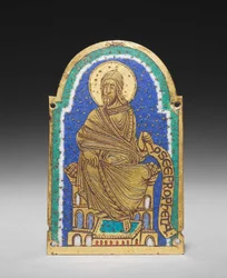 プラーク。聖遺物保管所の預言者の座像オセア（ホセア）」1170～1180年頃（金メッキ銅、シャンルベ・エナメル