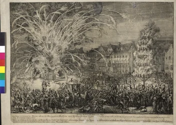 1686年、ブリュッセルのサブロン通りの夜の花火（エッチング）