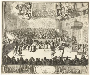 Zitting van het Lagerhuis が koningin Anna op de troon に出会った、1702 年 アン、D.G. 英国の女王、および英国の偉大な王子が告白した（オブジェクトのタイトル）