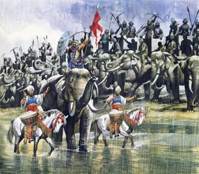 豪雨の中、アレキサンダー大王と対峙するポロス王軍