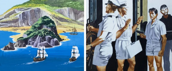 ジョリー・ロジャーの男たち：海賊旗を降ろす（紙にグワッシュ）