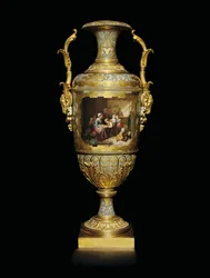 アレクサンドル2世の2柄の磁器と金箔の花瓶。1866年にBの後に学校の部屋で描かれました。