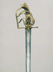皇帝の冠の下にある聖ジョージの姿で双頭の鷲が刻まれた将軍のブロードソード、キャサリンII 1729-96のモノグラムで飾られた柄、ロシア、18世紀（鋼、ブロン）