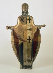 ロシア、モザイスクの聖ニコラス像（16世紀後半）（木、ブロケードの装飾、ジェッソ、テンペラ）