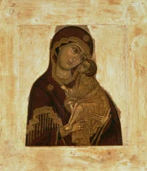 17世紀のロシアのアイコン、祝福のキリストの子を抱きしめるドンの聖母（パネル）
