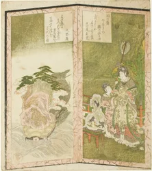 一対の屏風を描いた無題の六面祭壇画より、西王母と亀