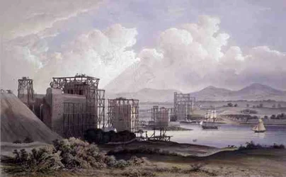 メナイ海峡に架かるブリタニア・チューブラー・ブリッジ（1848年建設中に撮影）Day and Son社のリトグラフ