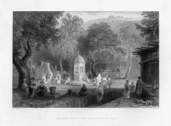 1841年、トルコのアンティオキアの市場シーンと噴水。