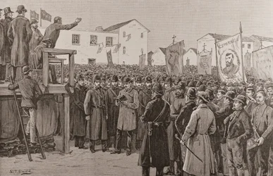 1887 年 1 月 8 日、「The Illustrated London News」からの「選挙運動計画」で政府記者を守る警察 (彫刻)