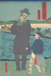 不忍池の弁天神社を眺めるオランダ人と子供 1861年7月