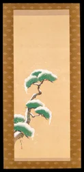 19世紀初頭、三季の三連祭壇画からの、雪に覆われた松を描いた掛け軸