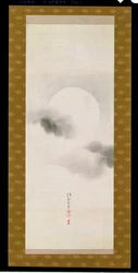 19世紀初頭、日本の三季の三連祭壇画から、秋の月を描いた掛け軸
