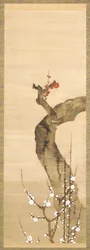 紅白梅（絹本に墨、彩色、金）