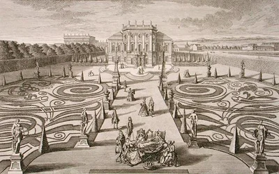 オーストリアの家と庭、Johann August Corvinus (1683-1738)作、1730-40年頃に出版されたもの(エングレーヴィング)