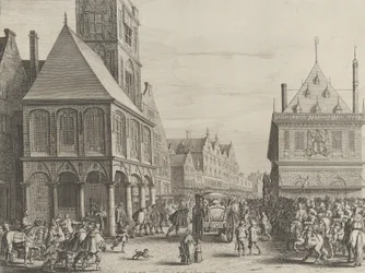 市庁舎の前でマリー・ド・メディシスに別れを告げる市の治安判事、Caspar Barlaus..., 1638.