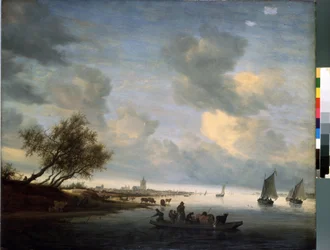 Ferry a Arnhem (Ferry at Arnhem) (Pays Ba)。 Salomon Jacobsz (Jacob) Van Ruysdael (Ruisdael) (1600 または 1603-1670) の絵画。 ユイル・シュル・ボワ、89 x 116 cm