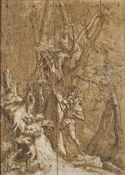 Oedipe abandonne - 見捨てられたオイディプス」ローザ、サルヴァトーレ（1615-1673）作。木に油彩。寸法：65x45cm。ストックホルム国立博物館