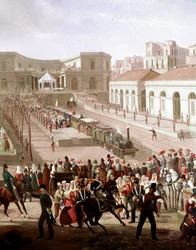 フェルディナンド2世の立会いのもと、1839年に行われたナポリ・ポルティチ間の鉄道開通式 (Inauguration of railway line between Naples and Portici in 1839) Detail - Salvatore Fergola (1799-1877) の絵画 Museo Nazionale di San Martino Nap