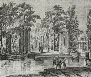 ポーランド、ワルシャワのワジェンキ公園にある島の円形劇場、ポリオラマ ピットレスコのサルヴァトーレ プーリア作リトグラフ、n 51、7 月 30 日