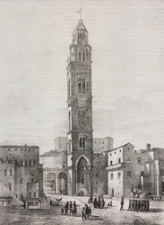 ガエータ大聖堂の鐘楼、ラツィオ、イタリア、パスクアーレ・マッテイ（1813-1879）による描画後のサルヴァトーレ・プーリアによるリトグラフ、ポリオラマ・ピットレスコ、n 48、7月6日