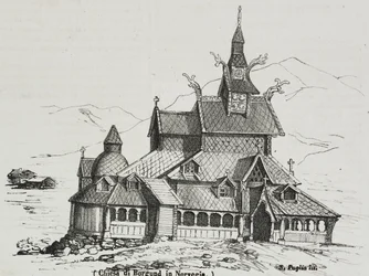 Borgund Stave Church、ノルウェー、Poliorama Pittoresco の Salvatore Puglia によるリトグラフ、n 40、5 月 14 日