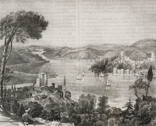 Bosphorus castles on coasts of Asia and Europe, Turkey, lithograph by Gaetano Riccio from Poliorama Pittoresco, n 18, December 9   1458326   ja       japanese Successfully Translated  Original: Sailing Ships in a Rough Sea Translat: Sailing Ships in a Roug