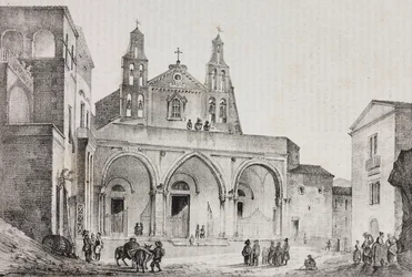 Sessa Auruncan katedraalin julkisivu, Campania, Italia, Salvatore Puglian litografia Pasquale Mattein (1813-1879) piirtämänä Poliorama Pittorescosta, n:o 42, 24. toukokuuta