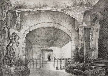 Hall in ancient villa of Prince of Caposele in Formia, Lazio, Italy, lithograph by Salvatore Puglia from Poliorama Pittoresco, n 23, January 11   1458262   ja       japanese Successfully Translated  Original: Preparatory drawing for Designs 12 and 13, Plat
