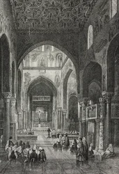Interior da Capela Palatina no Palazzo dei Normanni ou Palácio Real em Palermo, Sicília, Itália, litografia de Salvatore Puglia de Poliorama Pittoresco, n 41, 21 de maio
