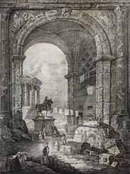 ローマの遺跡、ヒューバート ロベルト (1733-1808) の絵画、ポリオラマ ピトレスコのサルヴァトーレ プーリアによるリトグラフ、n 28、2 月 17 日