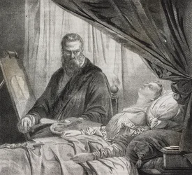 Tintoretto pintando sua filha morta, litografia de Salvatore Puglia de Poliorama Pittoresco, n 27, 10 de fevereiro