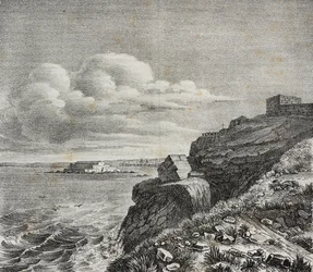 Túmulo de François-Rene de Chateaubriand em Saint-Malo, França, litografia de Gaetano Riccio de Poliorama Pittoresco, n 32, 18 de março