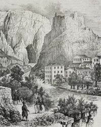 フランス、フォンテーヌ ド ヴォクリューズの眺め、ポリオラマ ピットレスコのサルディによるリトグラフ、n 51、7 月 30 日