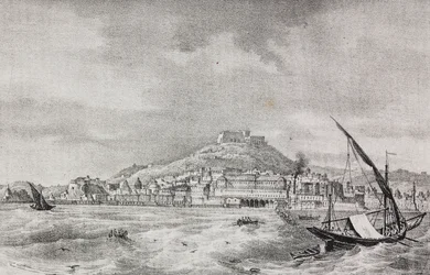 Vista de Nápoles do mar, Campania, Itália, litografia de Salvatore Puglia de Poliorama Pittoresco, n 2, 17 de agosto