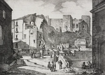Poliorama Pittoresco の Salvatore Puglia によるリトグラフ、Sessa Aurunca、カンパニア、イタリアの Piazza della Fontana dell