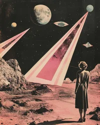 女性が異星の世界を眺める