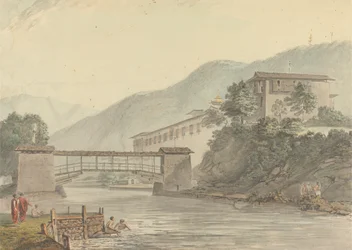 Vista de Tashichoedzong, Butão e Foot Bridge