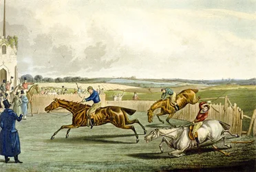 チャールズ・ハント（1829-1900）が彫刻した「Steeplechasing」の「Forth Mile」（カラーリトグラフ）。