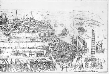 1544年のヘンリー8世（1491-1547）によるブローニュの包囲、1788年のジェームズバザレによる彫刻（106602も参照）