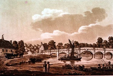 チェルシー橋、『テムズ川の絵のような景色』の挿絵、パブ。1799年（エッチング、アクアチント）。