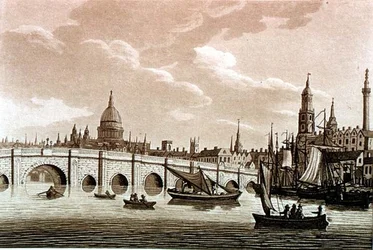 ロンドン橋、「テムズ川の絵のような景色」からのイラスト、パブ。1799年（エッチング、アクアチント）。
