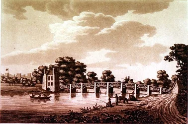 ダチェット橋の南東の眺め、「テムズ川の絵のある風景」からの挿絵、パブ。1799年（エッチング、アクアチント）。
