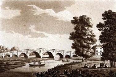ウォルトン橋、サリー州、「テムズ川の絵のような景色」のイラスト、パブ。1799年（エッチング、アクアチント）。
