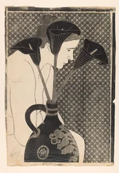 カラーの花瓶の後ろの女性裸像 - 黒いカラー