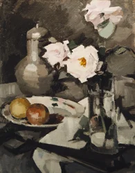 ガラスの花瓶のピンクのバラ、c。 1924