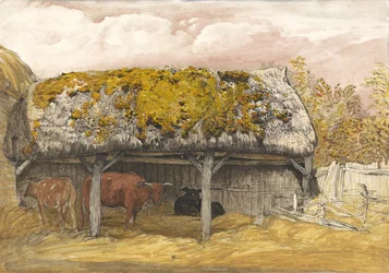 苔むした屋根のある牛のロッジ、1829年頃（紙に水彩とガッシュのペンとインク）