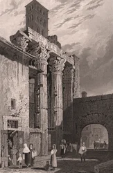 火星ウルトール神殿の柱、ローマ、ラツィオ、イタリア、サミュエル・プラウト（1783-1852）による鋼の彫刻、約15x115 cm