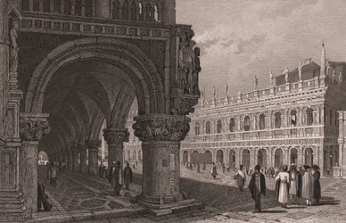 Escorço da arcada do Palácio Ducal (Palazzo Ducale) com vista para a Praça de São Marcos e Palácio da Biblioteca, Veneza, Veneto, Itália, gravura em aço segundo desenho de Samuel Prout (1783-1852), cerca de 15x11,5 cm